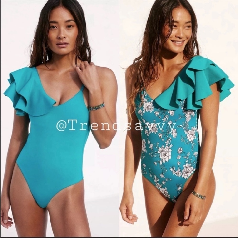 Anthropologie Boamar Reversible Ruffle One Piece Swimsuit Blue Green XS NWT